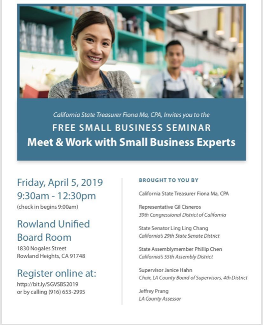 【SEMINAR】Meet & Work With Small Business Expert ----by State Treasurer Ms. Fiona Ma CPA(4/5/2019)